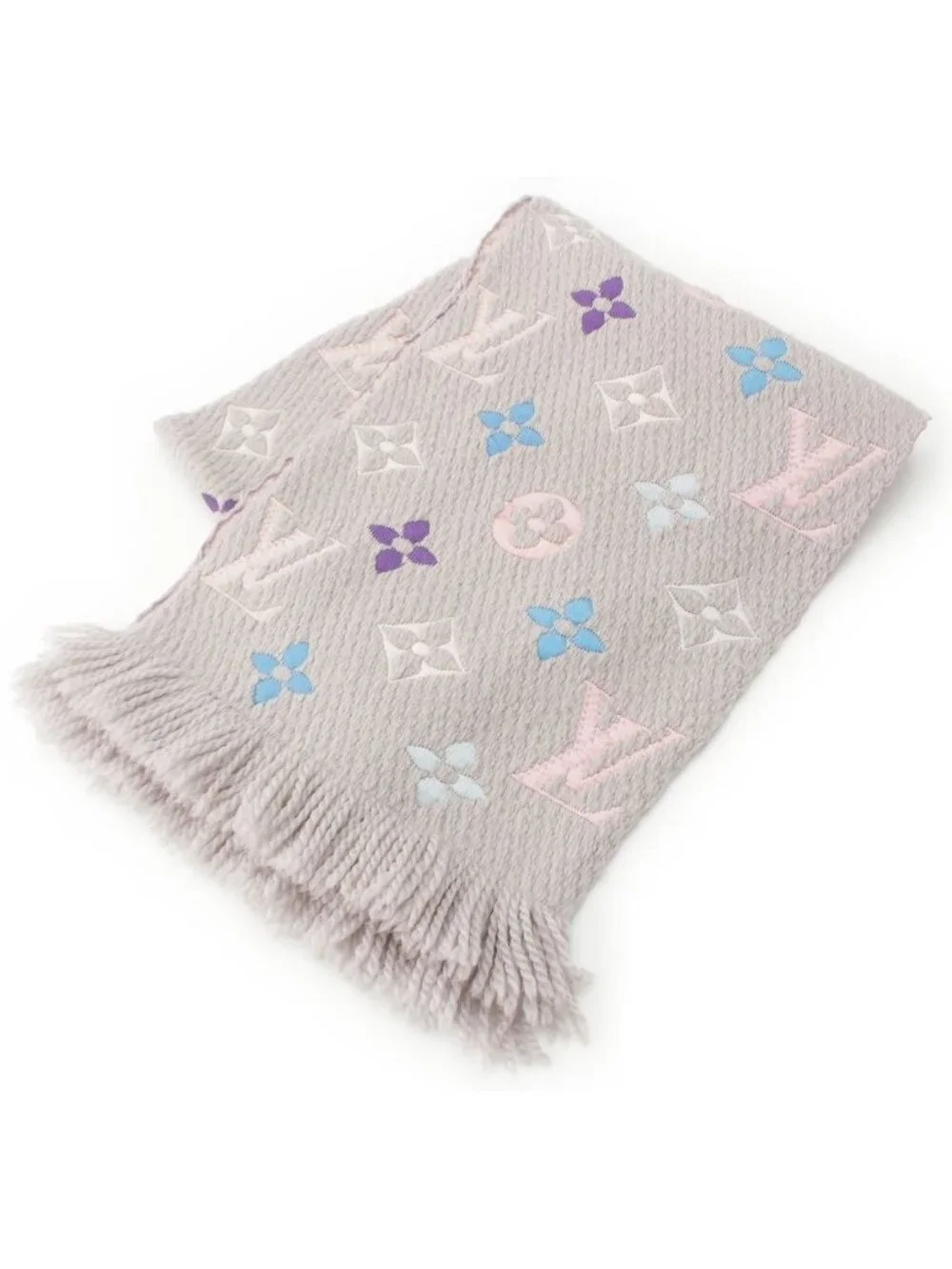 Louis Vuitton Wool Silk Echarpe Logo Mania Scarf Gray Multicolor